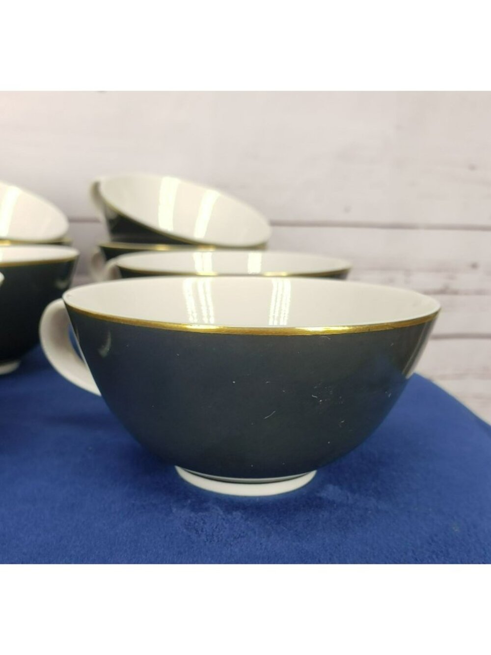 Syracuse China Nocturne Cups - Set Of 10 Made In USA Gray With Gold Rim Vintage